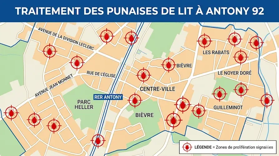 Carte détaillée de la ville d'Antony (92) affichant nos zones d'intervention ciblées pour le traitement chimique et l'éradication définitive des punaises de lit.
