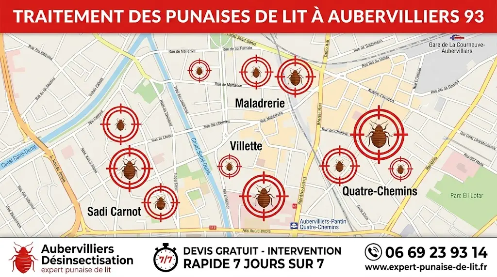 Carte détaillée d'Aubervilliers 93 affichant les zones d'intervention pour l'éradication des nuisibles, avec le contact de l'expert en désinsectisation, le numéro 06 69 23 93 14 et la garantie d'une intervention rapide 7 jours sur 7.