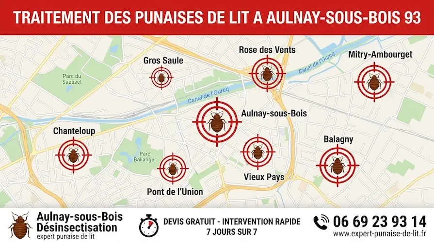Affiche publicitaire rectangulaire présentant les services d'éradication des nuisibles. En haut, un bandeau rouge indique en lettres capitales "TRAITEMENT DES PUNAISES DE LIT A AULNAY-SOUS-BOIS 93". Au centre, une carte détaillée de la ville d'Aulnay-sous-Bois illustre les différents quartiers (Rose des Vents, Mitry-Ambourget, Gros Saule, Chanteloup, Pont de l'Union, Vieux Pays, Balagny) marqués par des cibles de tir rouges contenant des pictogrammes de punaises de lit. En bas, un large bandeau blanc affiche à gauche un logo de punaise de lit avec la mention "Aulnay-sous-Bois Désinsectisation, expert punaise de lit". Au centre de ce bandeau blanc, une icône de chronomètre accompagne l'offre "DEVIS GRATUIT - INTERVENTION RAPIDE 7 JOURS SUR 7". À droite, une icône de téléphone surplombe le numéro de contact 06 69 23 93 14 et l'adresse du site web www.expert-punaise-de-lit.fr.