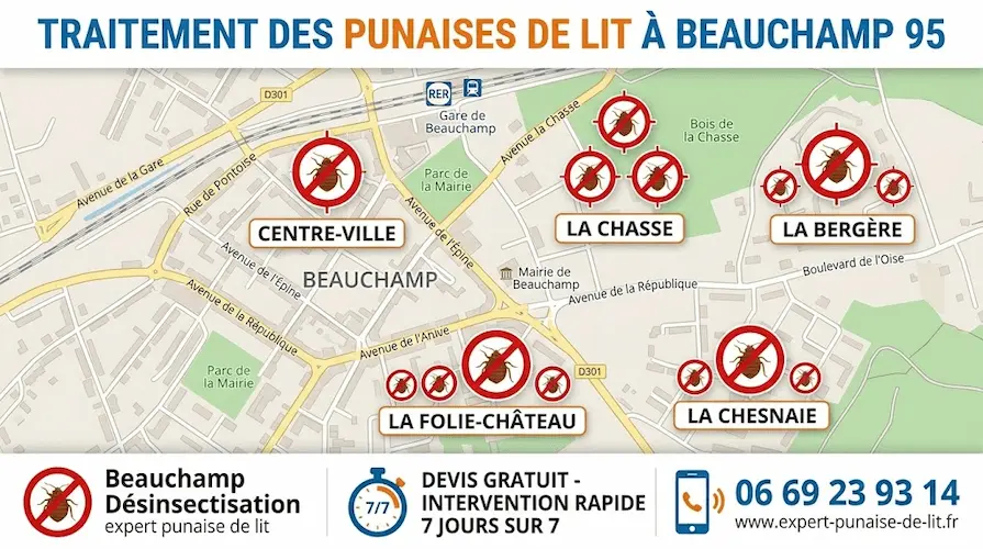 Carte de la ville de Beauchamp affichant les quartiers Centre-ville, La Chasse, La Bergère, La Folie-Château et La Chesnaie, avec des cibles pointant sur des punaises de lit. En haut, l'inscription TRAITEMENT DES PUNAISES DE LIT A BEAUCHAMP 95. En bas, un bandeau blanc présente trois éléments : à gauche, une punaise de lit avec Beauchamp Désinsectisation et expert punaise de lit ; au centre, un chronomètre indiquant DEVIS GRATUIT - INTERVENTION RAPIDE 7 JOURS SUR 7 ; à droite, un téléphone avec le numéro 06 69 23 93 14 et le site internet www.expert-punaise-de-lit.fr.