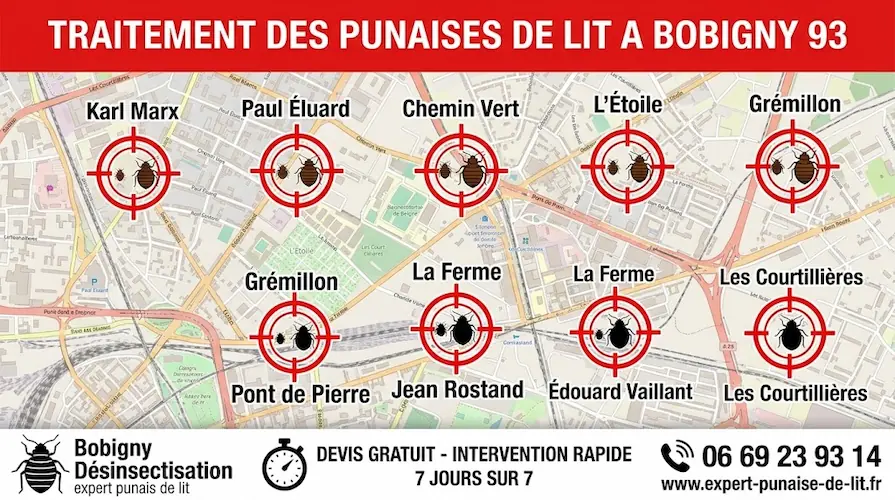 Affiche publicitaire rectangulaire au format 16/9 pour l'éradication de nuisibles. En haut, un bandeau rouge avec l'inscription en majuscules "TRAITEMENT DES PUNAISES DE LIT A BOBIGNY 93". Au centre, une carte détaillée de la commune de Bobigny met en évidence les quartiers Karl Marx, Paul Éluard, Chemin Vert, L'Étoile, Grémillon, La Ferme, Pont de Pierre, Jean Rostand, Édouard Vaillant et Les Courtillières. Chaque secteur est marqué par une cible rouge contenant un pictogramme de punaise de lit. En bas, un grand bandeau blanc présente à gauche le texte "Bobigny Désinsectisation, expert punais de lit" avec une icône de punaise, au centre un chronomètre avec "DEVIS GRATUIT - INTERVENTION RAPIDE 7 JOURS SUR 7", et à droite une icône de téléphone avec le numéro 06 69 23 93 14 et l'URL www.expert-punaise-de-lit.fr.