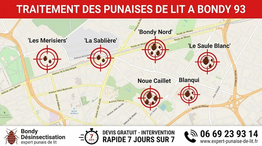 Affiche publicitaire rectangulaire au format 16/9 pour l'éradication de nuisibles. En haut, un bandeau rouge avec l'inscription en majuscules "TRAITEMENT DES PUNAISES DE LIT A BONDY 93". Au centre, une carte détaillée de la commune de Bondy met en évidence les quartiers Les Merisiers, La Sablière, Bondy Nord, Le Saule Blanc, Noue Caillet et Blanqui. Chaque secteur est marqué par une cible rouge contenant un pictogramme de punaise de lit. En bas, un grand bandeau blanc présente à gauche le texte "Bondy Désinsectisation, expert punais de lit" avec une icône de punaise, au centre un chronomètre avec "DEVIS GRATUIT - INTERVENTION RAPIDE 7 JOURS SUR 7", et à droite une icône de téléphone avec le numéro 06 69 23 93 14 et l'URL www.expert-punaise-de-lit.fr.