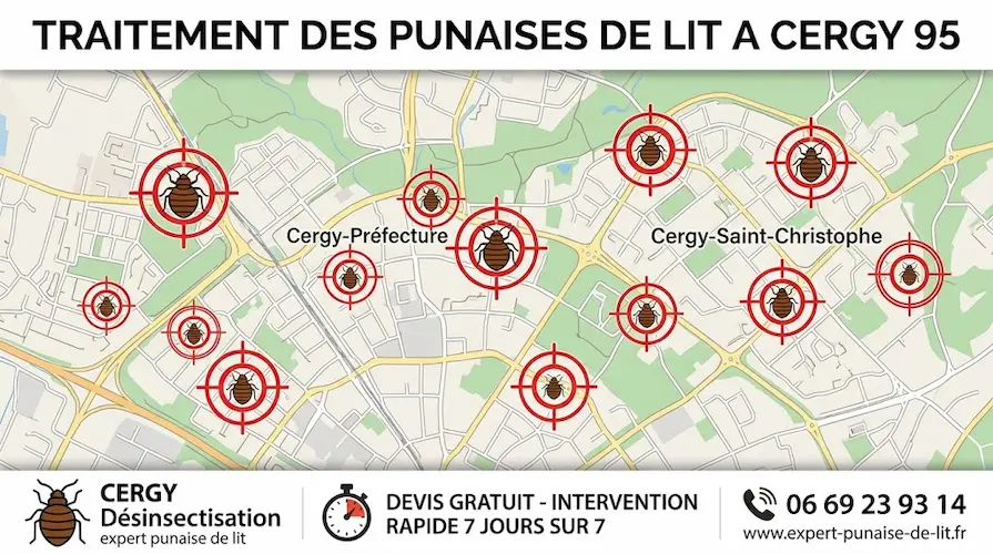 Carte de Cergy 95 illustrant les zones d'intervention pour le traitement des punaises de lit, avec numéro de téléphone d'urgence et garanties expert.