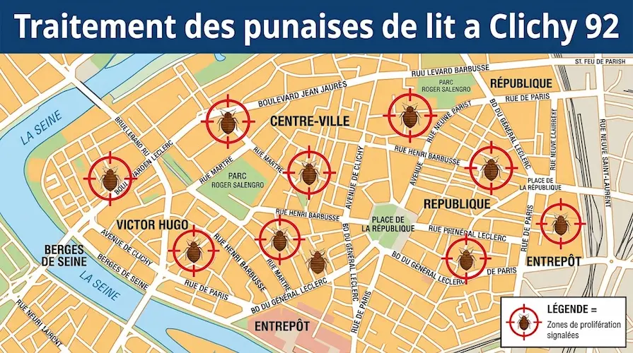 Carte détaillée de la ville de Clichy (92) illustrant nos zones d'intervention ciblées pour le traitement chimique et l'éradication des punaises de lit.