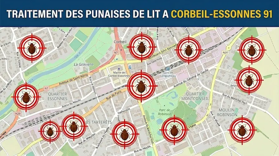 Carte de Corbeil-Essonnes (91) illustrant les zones d'intervention ciblées par nos experts pour le traitement et l'éradication des punaises de lit.