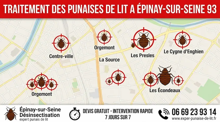 Affiche publicitaire rectangulaire au format 16/9 pour l'éradication de nuisibles. En haut, un bandeau rouge avec l'inscription en majuscules "TRAITEMENT DES PUNAISES DE LIT A ÉPINAY-SUR-SEINE 93". Au centre, une carte détaillée de la commune d'Épinay-sur-Seine met en évidence les quartiers Centre-ville, Orgemont, La Source, Les Presles, Le Cygne d'Enghien et Les Écondeaux. Chaque secteur est marqué par une cible rouge contenant un pictogramme de punaise de lit. En bas, un grand bandeau blanc présente à gauche le texte "Épinay-sur-Seine Désinsectisation, expert punais de lit" avec une icône de punaise, au centre un chronomètre avec "DEVIS GRATUIT - INTERVENTION RAPIDE 7 JOURS SUR 7", et à droite une icône de téléphone avec le numéro 06 69 23 93 14 et l'URL www.exper-punaise-de-lit.fr.