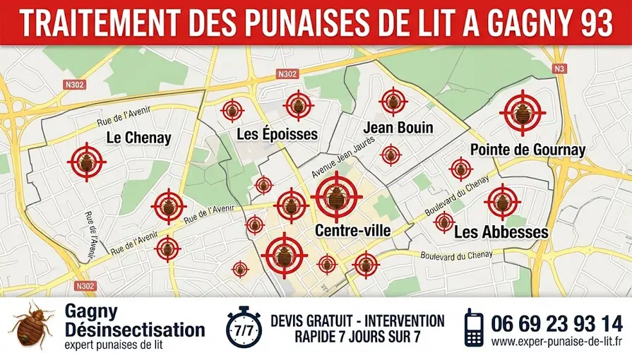 Affiche publicitaire rectangulaire au format 16/9 pour des services professionnels d'éradication de nuisibles. En haut, un grand bandeau rouge affiche le texte en majuscules blanches "TRAITEMENT DES PUNAISES DE LIT A GAGNY 93". Au centre, une carte détaillée de la commune de Gagny met en évidence les quartiers clés : Le Chenay, Les Époisses, Jean Bouin, Pointe de Gournay, Centre-ville, et Les Abbesses. Chaque quartier est marqué par une cible rouge contenant un pictogramme de punaise de lit. En bas, un large bandeau blanc est divisé en trois sections : à gauche, un logo de punaise de lit accompagné des textes "Gagny Désinsectisation" et "expert punaises de lit" ; au centre, une icône de chronomètre avec la mention "DEVIS GRATUIT - INTERVENTION RAPIDE 7 JOURS SUR 7" ; à droite, une icône de téléphone surplombant le numéro 06 69 23 93 14 et l'URL www.exper-punaise-de-lit.fr.