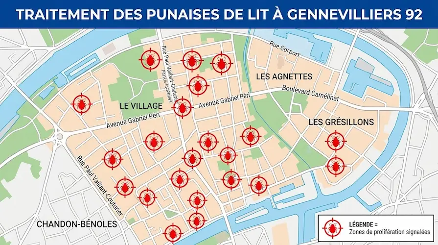 Carte de la ville de Gennevilliers (92) affichant nos zones d'intervention ciblées pour le traitement chimique et l'éradication définitive des punaises de lit.