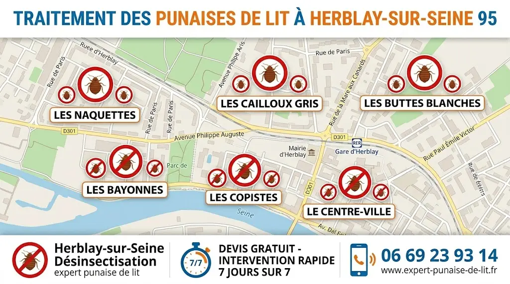 Carte de la ville d'Herblay-sur-Seine affichant les quartiers Les Naquettes, Les Cailloux Gris, Les Buttes Blanches, Les Bayonnes, Les Copistes et le Centre-ville avec des cibles pointant sur des punaises de lit. En haut, l'inscription TRAITEMENT DES PUNAISES DE LIT A HERBLAY-SUR-SEINE 95. En bas, un bandeau blanc présente trois éléments : à gauche, une punaise de lit avec Herblay-sur-Seine Désinsectisation et expert punaise de lit ; au centre, un chronomètre indiquant DEVIS GRATUIT - INTERVENTION RAPIDE 7 JOURS SUR 7 ; à droite, un téléphone avec le numéro 06 69 23 93 14 et le site internet www.expert-punaise-de-lit.fr.