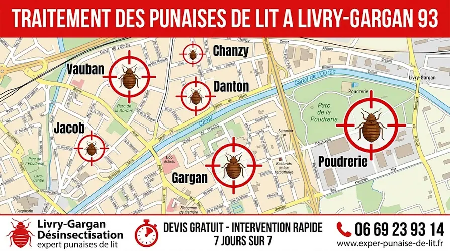 Affiche publicitaire rectangulaire au format 16/9 pour des services professionnels d'éradication de nuisibles. En haut, un grand bandeau rouge affiche le texte en majuscules blanches "TRAITEMENT DES PUNAISES DE LIT A LIVRY-GARGAN 93". Au centre, une carte détaillée de la commune de Livry-Gargan met en évidence les quartiers clés : Gargan, Poudrerie, Jacob, Danton, Vauban et Chanzy. Chaque quartier est marqué par une cible rouge contenant un pictogramme de punaise de lit. En bas, un large bandeau blanc est divisé en trois sections : à gauche, un logo de punaise de lit accompagné des textes "Livry-Gargan Désinsectisation" et "expert punaises de lit" ; au centre, une icône de chronomètre avec la mention "DEVIS GRATUIT - INTERVENTION RAPIDE 7 JOURS SUR 7" ; à droite, une icône de téléphone surplombant le numéro 06 69 23 93 14 et l'URL www.exper-punaise-de-lit.fr.
