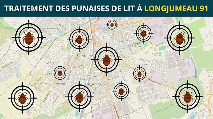 Carte de Longjumeau (91) illustrant l'éradication des punaises de lit ciblées par nos experts en désinsectisation.