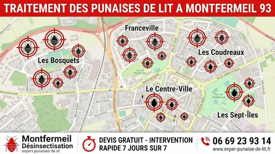 Affiche publicitaire rectangulaire au format 16/9 pour des services professionnels d'éradication de nuisibles. En haut, un grand bandeau rouge affiche le texte en majuscules blanches "TRAITEMENT DES PUNAISES DE LIT A MONTFERMEIL 93". Au centre, une carte détaillée de la commune de Montfermeil met en évidence les quartiers clés : Les Bosquets, Franceville, Les Coudreaux, Le Centre-Ville et Les Sept-Îles. Chaque quartier est marqué par une cible rouge contenant un pictogramme de punaise de lit. En bas, un large bandeau blanc est divisé en trois sections : à gauche, un logo de punaise de lit accompagné des textes "Montfermeil Désinsectisation" et "expert punaises de lit" ; au centre, une icône de chronomètre avec la mention "DEVIS GRATUIT - INTERVENTION RAPIDE 7 JOURS SUR 7" ; à droite, une icône de téléphone surplombant le numéro 06 69 23 93 14 et l'URL www.exper-punaise-de-lit.fr.