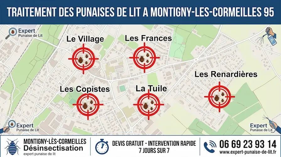 Plan détaillé de Montigny-lès-Cormeilles (95) illustrant nos zones d'intervention contre les punaises de lit par quartier (Le Village, Les Frances, Les Copistes). Expert Punaise de Lit offre devis gratuit et intervention 7j/7 au 06 69 23 93 14 via expert-punaise-de-lit.fr.