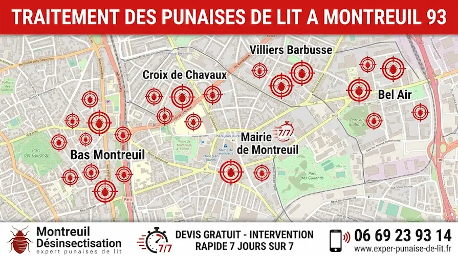 Affiche publicitaire rectangulaire au format 16/9 pour des services professionnels d'éradication de nuisibles. En haut, un grand bandeau rouge affiche le texte en majuscules blanches "TRAITEMENT DES PUNAISES DE LIT A MONTREUIL 93". Au centre, une carte détaillée de la commune de Montreuil met en évidence les quartiers clés : Bas Montreuil, Croix de Chavaux, Mairie de Montreuil, Villiers Barbusse et Bel Air. Chaque quartier est marqué par une cible rouge contenant un pictogramme de punaise de lit. En bas, un large bandeau blanc est divisé en trois sections : à gauche, un logo de punaise de lit accompagné des textes "Montreuil Désinsectisation" et "expert punaises de lit" ; au centre, une icône de chronomètre avec la mention "DEVIS GRATUIT - INTERVENTION RAPIDE 7 JOURS SUR 7" ; à droite, une icône de téléphone surplombant le numéro 06 69 23 93 14 et l'URL www.exper-punaise-de-lit.fr.
