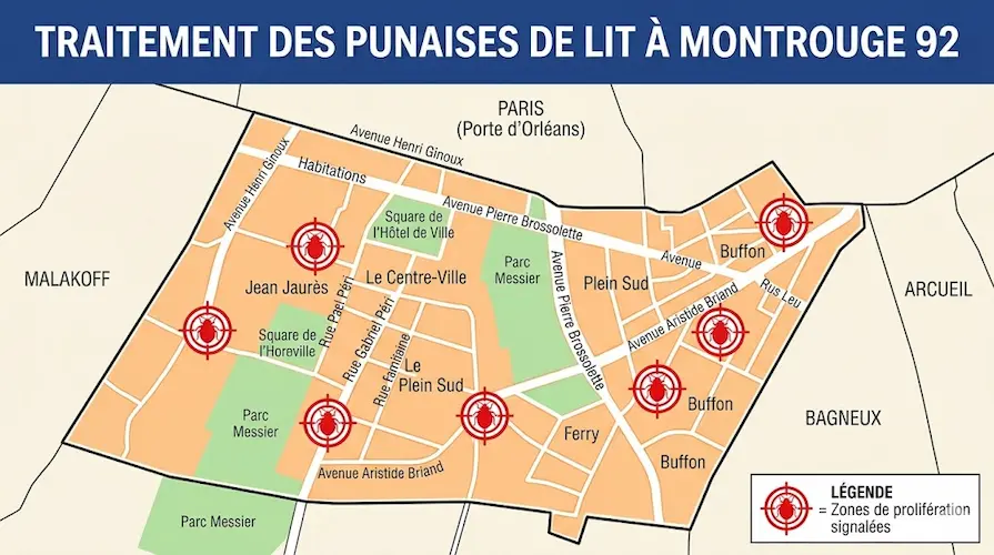 Carte détaillée de la ville de Montrouge (92) affichant nos zones d'intervention ciblées pour le traitement chimique et l'éradication des punaises de lit.