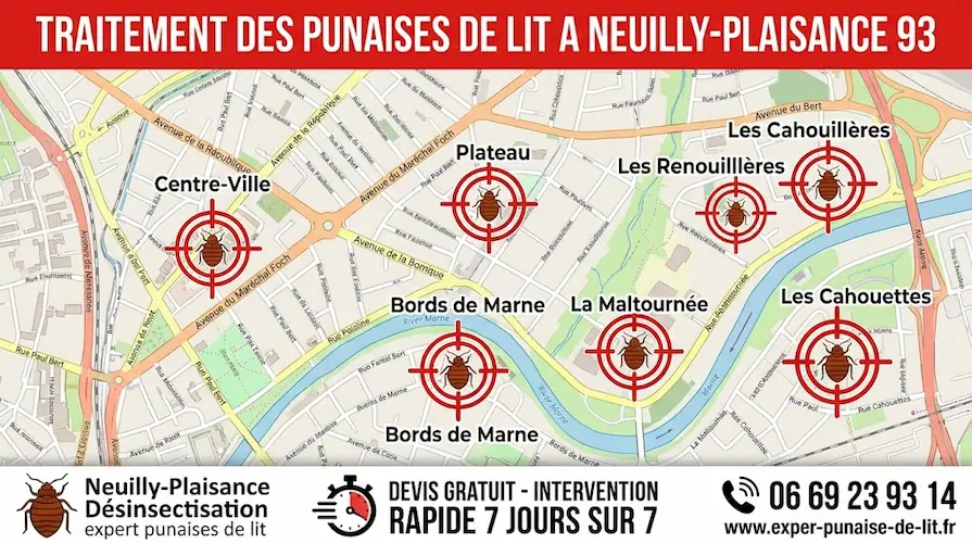 Affiche publicitaire rectangulaire au format 16/9 pour des services professionnels d'éradication de nuisibles. En haut, un grand bandeau rouge affiche le texte en majuscules blanches "TRAITEMENT DES PUNAISES DE LIT A NEUILLY-PLAISANCE 93". Au centre, une carte détaillée de la commune de Neuilly-Plaisance met en évidence les quartiers clés : Centre-Ville, Plateau, Les Renouillères, Bords de Marne, La Maltournée et Les Cahouettes. Chaque quartier est marqué par une cible rouge contenant un pictogramme de punaise de lit. En bas, un large bandeau blanc est divisé en trois sections : à gauche, un logo de punaise de lit accompagné des textes "Neuilly-Plaisance Désinsectisation" et "expert punaises de lit" ; au centre, une icône de chronomètre avec la mention "DEVIS GRATUIT - INTERVENTION RAPIDE 7 JOURS SUR 7" ; à droite, une icône de téléphone surplombant le numéro 06 69 23 93 14 et l'URL www.exper-punaise-de-lit.fr.