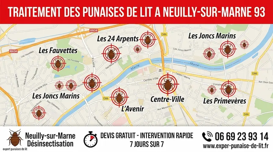 Affiche publicitaire rectangulaire au format 16/9 pour des services professionnels d'éradication de nuisibles. En haut, un grand bandeau rouge affiche le texte en majuscules blanches "TRAITEMENT DES PUNAISES DE LIT A NEUILLY-SUR-MARNE 93". Au centre, une carte détaillée de la commune de Neuilly-sur-Marne met en évidence les quartiers clés : Les Fauvettes, Les 24 Arpents, Les Joncs Marins, L'Avenir, Centre-Ville et Les Primevères. Chaque quartier est marqué par une cible rouge contenant un pictogramme de punaise de lit. En bas, un large bandeau blanc est divisé en trois sections : à gauche, un logo de punaise de lit accompagné des textes "Neuilly-sur-Marne Désinsectisation" et "expert punaises de lit" ; au centre, une icône de chronomètre avec la mention "DEVIS GRATUIT - INTERVENTION RAPIDE 7 JOURS SUR 7" ; à droite, une icône de téléphone surplombant le numéro 06 69 23 93 14 et l'URL www.exper-punaise-de-lit.fr.