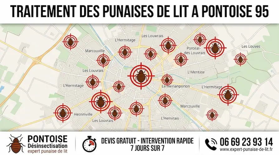 Carte de Pontoise 95 illustrant les zones d'intervention pour le traitement des punaises de lit, avec numéro de téléphone d'urgence et garanties expert.