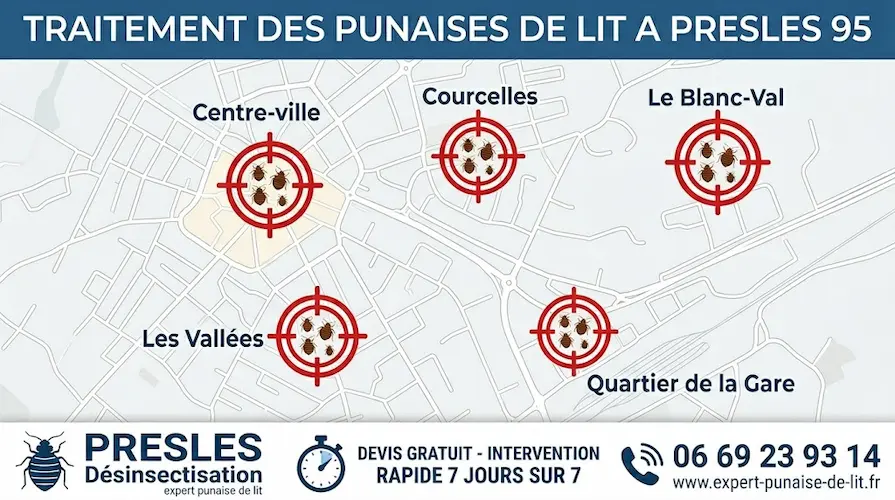 Plan détaillé de la ville de Presles (95) illustrant les zones d'intervention pour le traitement des punaises de lit dans les quartiers Centre-ville, Courcelles, Le Blanc-Val et la Gare. Affiche d'Expert Punaise de Lit proposant devis gratuit, intervention 7j/7. Contact : 06 69 23 93 14 ou expert-punaise-de-lit.fr.