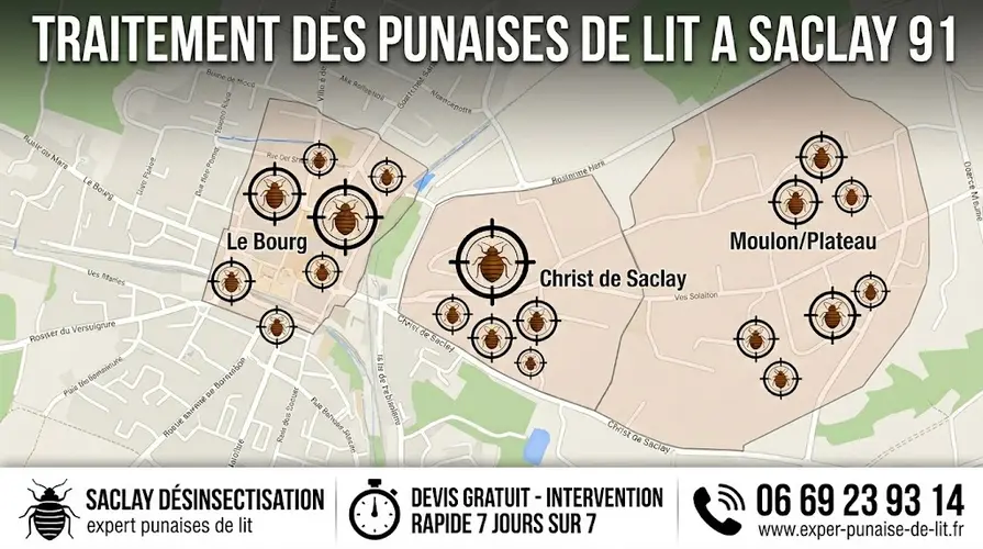Carte de la ville de Saclé, où on voit des invasions de punaises de lit sur des pictogrammes relayant le nombre d'interventions.