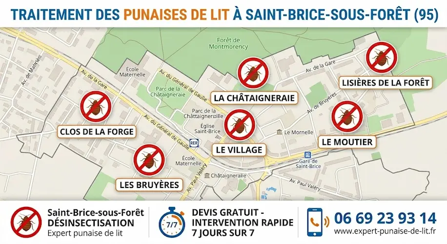 Carte de la ville de Saint-Brice-sous-Forêt affichant les différents quartiers avec des cibles pointant sur des punaises de lit. En haut, l'inscription "TRAITEMENT DES PUNAISES DE LIT A SAINT-BRICE-SOUS-FORÊT 95". En bas, un bandeau blanc présente trois pictogrammes : à gauche, une punaise de lit avec "Saint-Brice-sous-Forêt Désinsectisation, expert punaise de lit" ; au centre, un chronomètre indiquant "DEVIS GRATUIT - INTERVENTION RAPIDE 7 JOURS SUR 7" ; à droite, un téléphone avec le numéro 06 69 23 93 14 et le site internet www.expert-punaise-de-lit.fr.