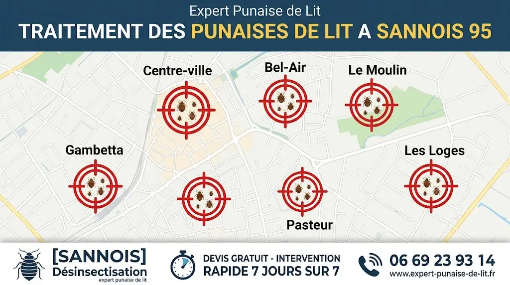 Infographie montrant le plan de Sannois (95) ciblé par quartier (Centre-ville, Bel-Air, Le Moulin, Gambetta, Pasteur, Les Loges) pour le traitement des punaises de lit par Expert Punaise de Lit. Inclut les informations de contact : désinsectisation Sannois, devis gratuit 7j/7 au 06 69 23 93 14, expert-punaise-de-lit.fr.