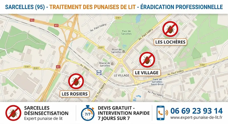Texte alternatif pour l'image : Infographie locale pour le traitement des punaises de lit à Sarcelles (95). L'image affiche une carte de Sarcelles avec des cibles sur différents quartiers (Les Lochères, Le Village, Les Rosiers) symbolisant l'éradication. En bas, un bandeau blanc présente trois éléments de gauche à droite : un pictogramme de punaise de lit avec le texte "Sarcelles Désinsectisation" et "expert punais de lit", un chronomètre indiquant "DEVIS GRATUIT - INTERVENTION RAPIDE 7 JOURS SUR 7", et un pictogramme de téléphone affichant "06 69 23 93 14" au-dessus du site "www.exper-punaise-de-lit.fr".