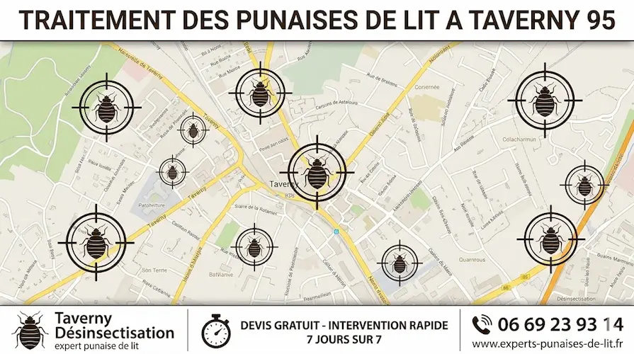 Carte de la ville de Taverny 95 affichant les différents quartiers avec des cibles pointant sur des punaises de lit. En haut, l'inscription "TRAITEMENT DES PUNAISES DE LIT A TAVERNY 95". En bas, un bandeau blanc présente trois pictogrammes : à gauche, une punaise de lit avec "Taverny Désinsectisation, expert punaise de lit" ; au centre, un chronomètre indiquant "DEVIS GRATUIT - INTERVENTION RAPIDE 7 JOURS SUR 7" ; à droite, un téléphone avec le numéro 06 69 23 93 14 et le site internet www.experts-punaises-de-lit.fr.