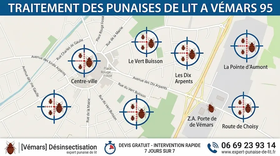 Infographie professionnelle pour le traitement des punaises de lit à Vémars (95). Elle présente une carte détaillée de la ville avec des pictogrammes de cibles et de punaises de différentes tailles dans les quartiers du Vert Buisson, des Dix Arpents, de la Pointe d'Aumont et du Centre-ville. Un bandeau inférieur affiche les services de désinsectisation, devis gratuit, intervention rapide 7j/7, le numéro de téléphone 06 69 23 93 14 et le site internet www.expert-punaise-de-lit.fr.