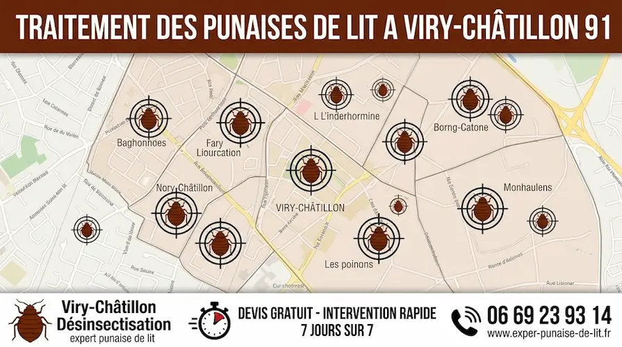 Affiche de traitement des punaises de lit à Viry-Châtillon 91. Carte d'intervention par quartiers avec cibles, numéro de téléphone 06 69 23 93 14, devis gratuit et intervention 7j/7 par des experts en désinsectisation.