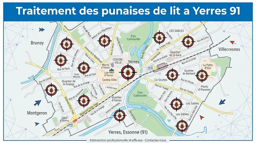 Carte détaillée de la ville de Yerres (91) illustrant nos zones d'intervention ciblées pour le traitement chimique et l'éradication définitive des punaises de lit.