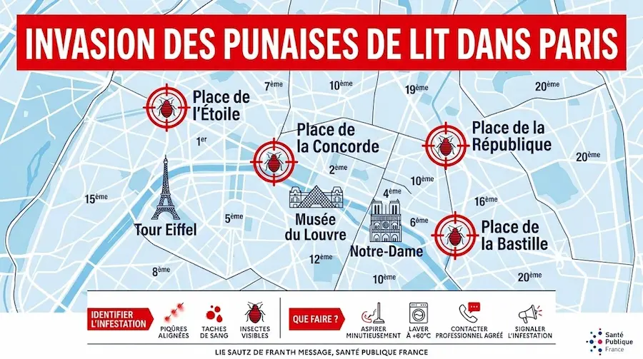 Carte de la ville de Paris.indiquant des invasions de punaises de lit dans différents arrondissements.