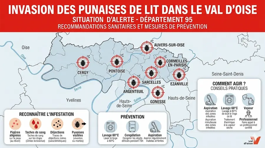 Carte départementale du Val d'Oise montrant l'invasion des punaises de lit sur tout le territoire.