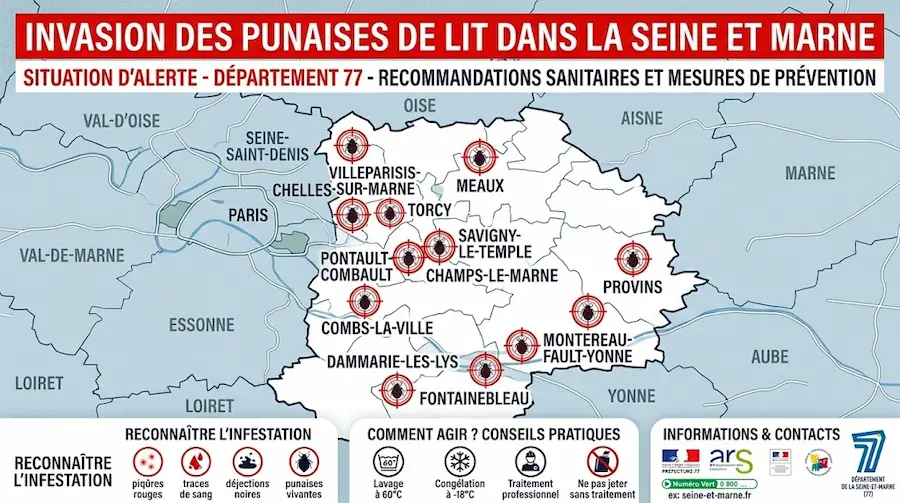 Carte départementale de la Seine-et-Marne sur les invasions des punaises de lit sur tout le territoire.
