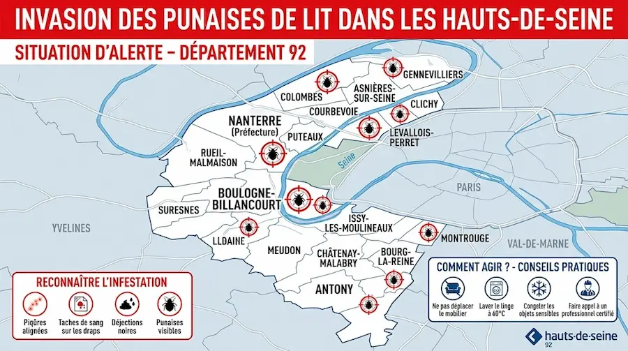 Carte des Hauts-de-Seine qui représentent l'invasion des punaises de lit.