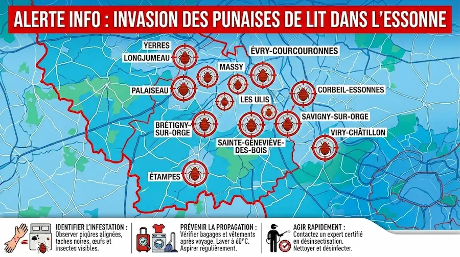 Carte départementale de l'Essonne montrant l'invasion des punaises de lise sur tout le département. Cette carte indique aussi les gestes sanitaires contre les punaises de lit.