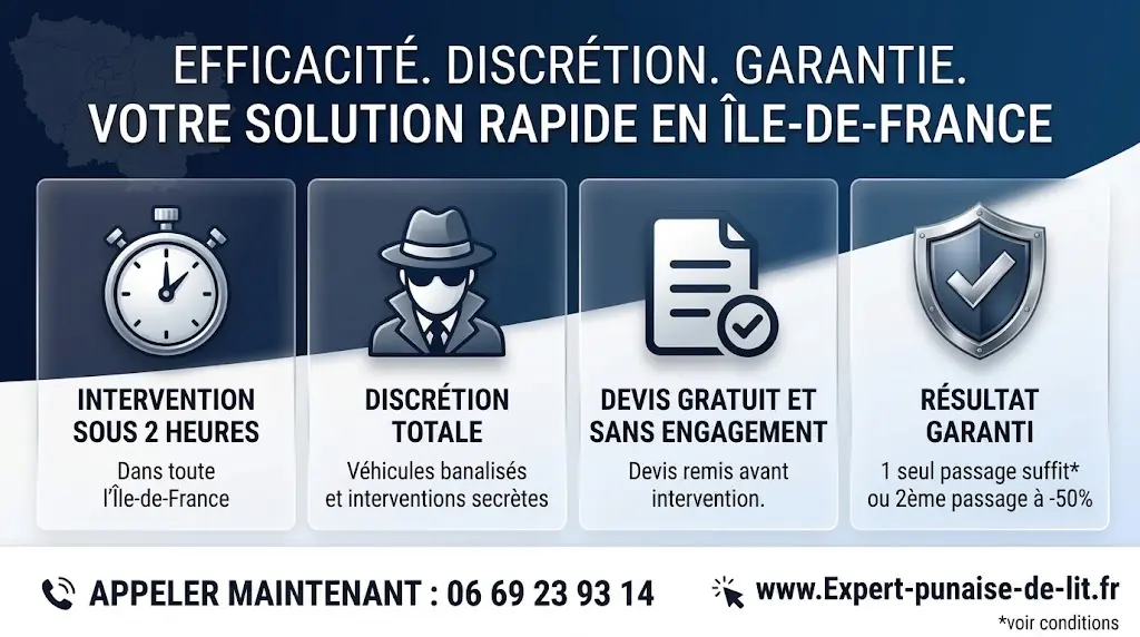 Bandeau publicitaire d'Expert-punaise-de-lit.fr. En-tête : "EFFICACITÉ. DISCRÉTION. GARANTIE. VOTRE SOLUTION RAPIDE EN ÎLE-DE-FRANCE". Le visuel présente quatre engagements illustrés par des icônes : 1. Intervention sous 2 heures dans toute l'Île-de-France (icône chronomètre). 2. Discrétion totale avec véhicules banalisés et interventions secrètes (icône homme masqué). 3. Devis gratuit et sans engagement, devis remis avant intervention (icône document validé). 4. Résultat garanti, 1 seul passage suffit ou 2ème passage à -50% (icône bouclier). En pied de page : numéro de téléphone "APPELER MAINTENANT : 06 69 23 93 14" et site web "www.Expert-punaise-de-lit.fr" avec la mention "*voir conditions".