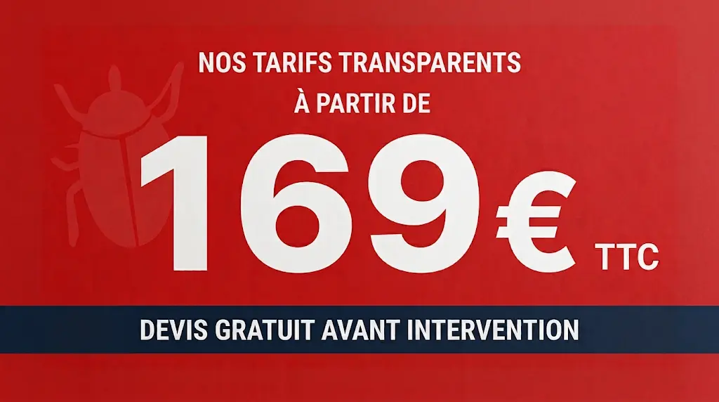 Une affiche publicitaire sur fond rouge vif texturé pour un service d'élimination de nuisibles (probablement des punaises de lit, suggéré par l'icône). Le texte en haut, en blanc et en majuscules, indique "NOS TARIFS TRANSPARENTS" suivi de "À PARTIR DE" juste en dessous. Au centre, un très grand prix "169 €" en caractères blancs et gras domine la composition, avec "TTC" en plus petit aligné à droite de l'euro. Derrière et à gauche du prix, une silhouette transparente d'un grand insecte rouge foncé stylisé est visible. Au bas de l'affiche, une bande bleu foncé horizontale contient le texte blanc en majuscules "DEVIS GRATUIT AVANT INTERVENTION".