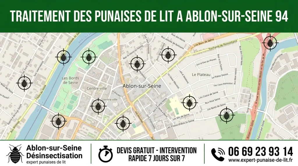 Image rectangulaire au format 16/9. En haut, un grand bandeau vert foncé affiche en majuscules "TRAITEMENT DES PUNAISES DE LIT A ABLON-SUR-SEINE 94". Au centre, on observe une carte détaillée de la ville d'Ablon-sur-Seine avec les noms des rues et des quartiers comme le Centre-ville, Les Bords de Seine et Le Plateau. Sur la carte, des pictogrammes de punaises de lit sont placés au centre de cibles de tir dans chaque quartier. En bas de l'image, un bandeau blanc est divisé en trois sections. À gauche, un pictogramme de punaise de lit avec le texte "Ablon-sur-Seine Désinsectisation" à côté, et "expert punaises de lit" en petits caractères en dessous. Au milieu, un pictogramme de chronomètre surplombe le texte en majuscules "DEVIS GRATUIT - INTERVENTION RAPIDE 7 JOURS SUR 7". À droite, un pictogramme d'appel téléphonique est situé au-dessus du numéro "06 69 23 93 14" avec l'adresse URL "www.expert-punaise-de-lit.fr" écrite en dessous.