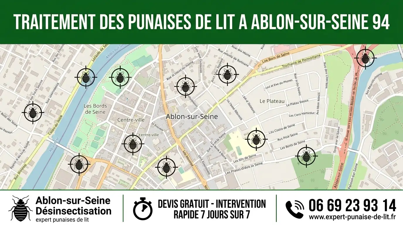 Image rectangulaire au format 16/9. En haut, un grand bandeau vert foncé affiche en majuscules "TRAITEMENT DES PUNAISES DE LIT A ABLON-SUR-SEINE 94". Au centre, on observe une carte détaillée de la ville d'Ablon-sur-Seine avec les noms des rues et des quartiers comme le Centre-ville, Les Bords de Seine et Le Plateau. Sur la carte, des pictogrammes de punaises de lit sont placés au centre de cibles de tir dans chaque quartier. En bas de l'image, un bandeau blanc est divisé en trois sections. À gauche, un pictogramme de punaise de lit avec le texte "Ablon-sur-Seine Désinsectisation" à côté, et "expert punaises de lit" en petits caractères en dessous. Au milieu, un pictogramme de chronomètre surplombe le texte en majuscules "DEVIS GRATUIT - INTERVENTION RAPIDE 7 JOURS SUR 7". À droite, un pictogramme d'appel téléphonique est situé au-dessus du numéro "06 69 23 93 14" avec l'adresse URL "www.expert-punaise-de-lit.fr" écrite en dessous.