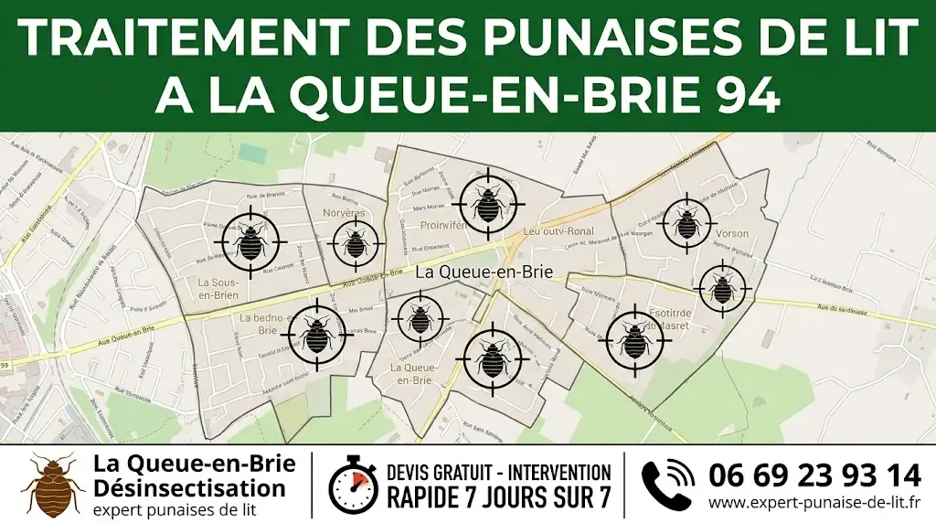Image rectangulaire 16/9. En haut, un grand bandeau vert foncé affiche en majuscules "TRAITEMENT DES PUNAISES DE LIT A LA QUEUE-EN-BRIE 94". Au centre se trouve une carte détaillée de La Queue-en-Brie avec les noms des rues et des quartiers. Sur cette carte, on observe des pictogrammes représentant des punaises de lit, chacun placé au centre d'une cible de tir dans les différents quartiers. En bas de l'image, un bandeau blanc est divisé en trois parties. À gauche, un pictogramme de punaise de lit est accompagné du texte "La Queue-en-Brie Désinsectisation", avec la mention "expert punaises de lit" écrite en plus petit en dessous. Au milieu, un pictogramme en forme de chronomètre surplombe le texte en majuscules "DEVIS GRATUIT - INTERVENTION RAPIDE 7 JOURS SUR 7". À droite, un pictogramme symbolisant un appel téléphonique est situé au-dessus du numéro "06 69 23 93 14", lui-même suivi de l'URL "www.expert-punaise-de-lit.fr".