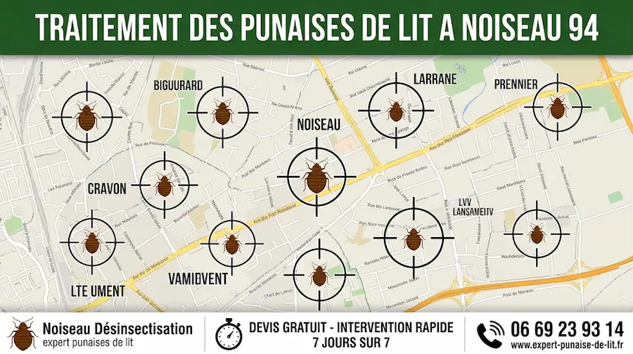 Affiche publicitaire rectangulaire respectant la charte graphique de la marque. Elle présente une carte détaillée de la ville de Noiseau avec ses quartiers et rues, sur laquelle sont apposées des cibles de tir contenant des pictogrammes de punaises de lit. Un large bandeau vert foncé en haut affiche en majuscules "TRAITEMENT DES PUNAISES DE LIT A NOISEAU 94". Dans la partie inférieure, un bandeau blanc intègre trois éléments : à gauche, un logo de punaise de lit avec le texte "Noiseau Désinsectisation, expert punaises de lit" ; au centre, un pictogramme de chronomètre avec "DEVIS GRATUIT - INTERVENTION RAPIDE 7 JOURS SUR 7" ; à droite, un pictogramme téléphonique avec le numéro "06 69 23 93 14" surplombant le site web "www.expert-punaise-de-lit.fr".