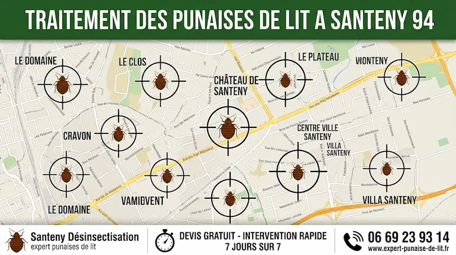 Affiche publicitaire rectangulaire respectant la charte graphique de la marque. Elle présente une carte détaillée de la ville de Santeny avec ses quartiers et rues, sur laquelle sont apposées des cibles de tir contenant des pictogrammes de punaises de lit. Un large bandeau vert foncé en haut affiche en majuscules "TRAITEMENT DES PUNAISES DE LIT A SANTENY 94". Dans la partie inférieure, un bandeau blanc intègre trois éléments : à gauche, un logo de punaise de lit avec le texte "Santeny Désinsectisation, expert punaises de lit" ; au centre, un pictogramme de chronomètre avec "DEVIS GRATUIT - INTERVENTION RAPIDE 7 JOURS SUR 7" ; à droite, un pictogramme téléphonique avec le numéro "06 69 23 93 14" surplombant le site web "www.expert-punaise-de-lit.fr".
