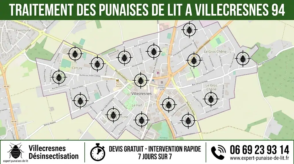 Image rectangulaire au format 16/9. En haut, un large bandeau vert foncé affiche en majuscules le texte "TRAITEMENT DES PUNAISES DE LIT A VILLECRESNES 94". Au centre, on observe une carte géographique détaillée de la ville de Villecresnes affichant les noms des rues et des quartiers exacts comme Cerçay ou Le Fief. Sur la carte, des pictogrammes de punaises de lit de différentes tailles sont superposés au centre de cibles de tir dans chaque quartier. En bas de l'image, un bandeau blanc est divisé en trois sections de gauche à droite. La section de gauche montre un pictogramme de punaise de lit avec le texte "Villecresnes Désinsectisation" à côté, suivi de la mention "expert punaises de lit" en petits caractères en dessous. La section centrale présente un pictogramme de chronomètre surplombant la mention en majuscules "DEVIS GRATUIT - INTERVENTION RAPIDE 7 JOURS SUR 7". La section de droite affiche un pictogramme d'appel téléphonique situé au-dessus du numéro "06 69 23 93 14", avec l'adresse URL "www.expert-punaise-de-lit.fr" écrite juste en dessous.