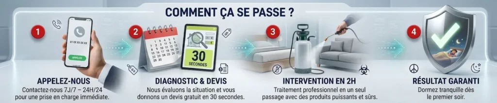 L'image est une bannière publicitaire au format horizontal sur fond gris clair et épuré. Le titre central en haut indique en majuscules « COMMENT ÇA SE PASSE ? ». Elle illustre un processus de service d'intervention (type désinsectisation ou traitement de nuisibles) en quatre étapes numérotées par des cercles rouges. Les étapes sont reliées entre elles par des flèches lumineuses cyan composées de petits points, symbolisant la rapidité du processus.