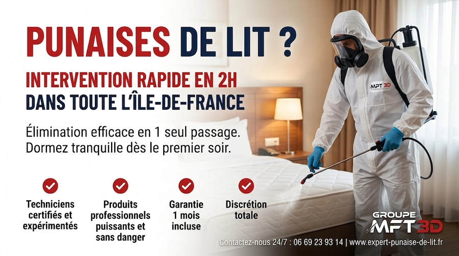Affiche publicitaire de l'entreprise Groupe MFT 3D proposant des services d'extermination de punaises de lit. Sur la droite, un technicien équipé d'une combinaison de protection blanche intégrale, d'un masque respiratoire et de gants bleus utilise un pulvérisateur sur un matelas sans draps dans une chambre à coucher. Sur la moitié gauche, un grand texte d'accroche en lettres majuscules rouges et bleu marine indique : « PUNAISES DE LIT ? INTERVENTION RAPIDE EN 2H DANS TOUTE L'ÎLE-DE-FRANCE ». En dessous, un texte plus petit précise : « Élimination efficace en 1 seul passage. Dormez tranquille dès le premier soir. » Au centre, quatre arguments de vente sont accompagnés d'icônes de validation rouges : « Techniciens certifiés et expérimentés », « Produits professionnels puissants et sans danger », « Garantie 1 mois incluse », et « Discrétion totale ». Dans le coin inférieur droit figure le logo « GROUPE MFT 3D » en blanc et rouge. Tout en bas, une ligne de contact indique : « Contactez-nous 24/7 : 06 69 23 93 14 | www.expert-punaise-de-lit.fr ».