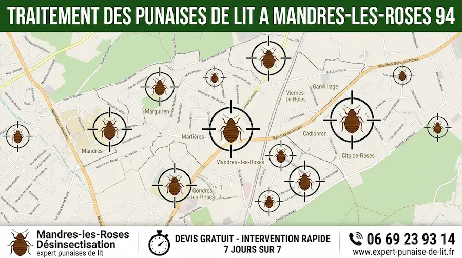 Affiche publicitaire rectangulaire présentant une carte détaillée de Mandres-les-Roses avec ses quartiers et rues, parsemée de cibles contenant des pictogrammes de punaises de lit. Un grand bandeau vert foncé en haut indique "TRAITEMENT DES PUNAISES DE LIT A MANDRES-LES-ROSES 94". Un bandeau blanc en bas affiche à gauche un logo de punaise de lit avec "Mandres-les-Roses Désinsectisation, expert punaises de lit", au centre un chronomètre avec "DEVIS GRATUIT - INTERVENTION RAPIDE 7 JOURS SUR 7", et à droite un téléphone avec le numéro 06 69 23 93 14 et le site internet www.expert-punaise-de-lit.fr.