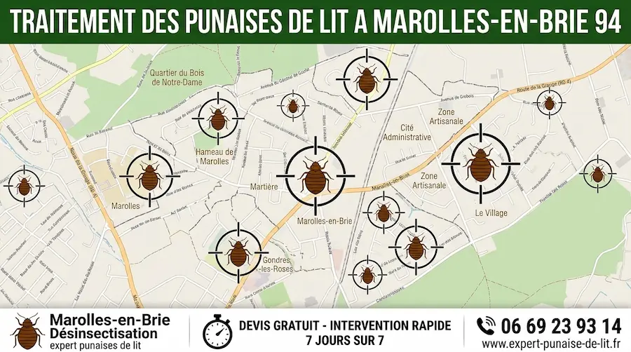 Affiche publicitaire rectangulaire présentant une carte détaillée de Marolles-en-Brie avec ses quartiers et rues, parsemée de cibles contenant des pictogrammes de punaises de lit. Un grand bandeau vert foncé en haut indique "TRAITEMENT DES PUNAISES DE LIT A MAROLLES-EN-BRIE 94". Un bandeau blanc en bas affiche à gauche un logo de punaise de lit avec "Marolles-en-Brie Désinsectisation, expert punaises de lit", au centre un chronomètre avec "DEVIS GRATUIT - INTERVENTION RAPIDE 7 JOURS SUR 7", et à droite un téléphone avec le numéro 06 69 23 93 14 et le site internet www.expert-punaise-de-lit.fr.